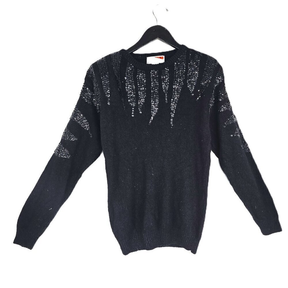 Vintage Wool Silk Black Sequin Sweater 80’s Gothic Sweater Jumper Glam